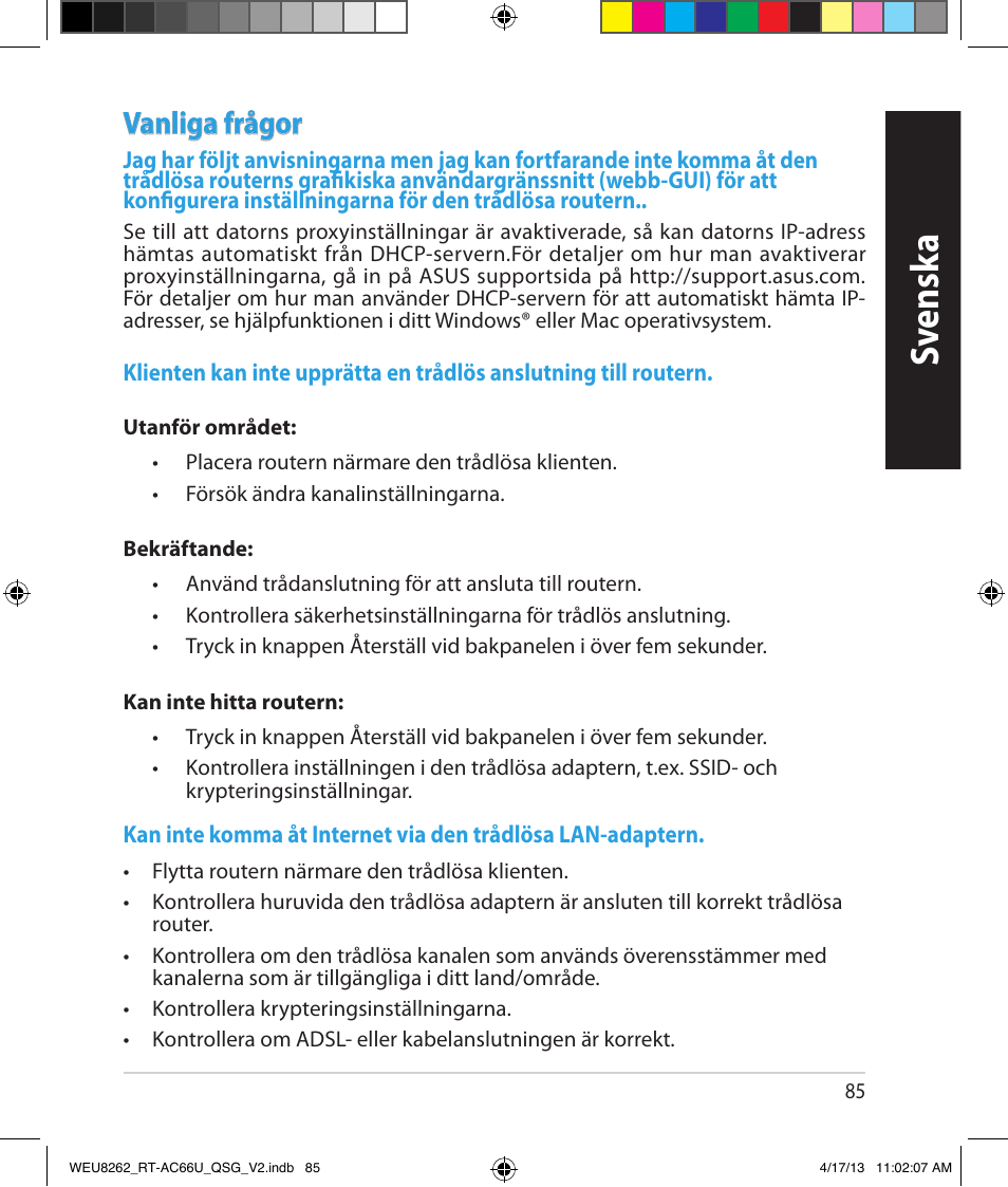 Sv ensk a, Vanliga frågor | Asus RT-AC66U User Manual | Page 85 / 136