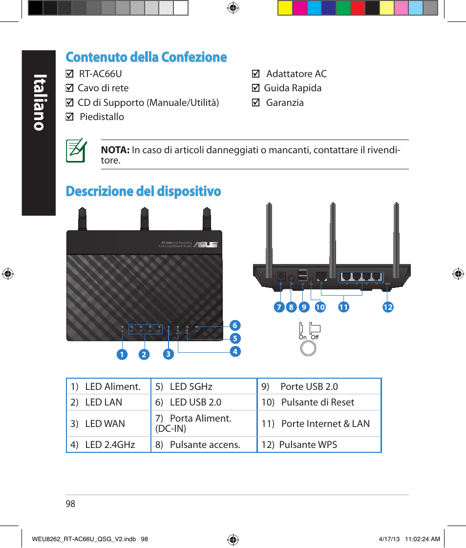 Italiano, Contenuto della confezione, Descrizione del dispositivo | Asus RT-AC66U User Manual | Page 98 / 136