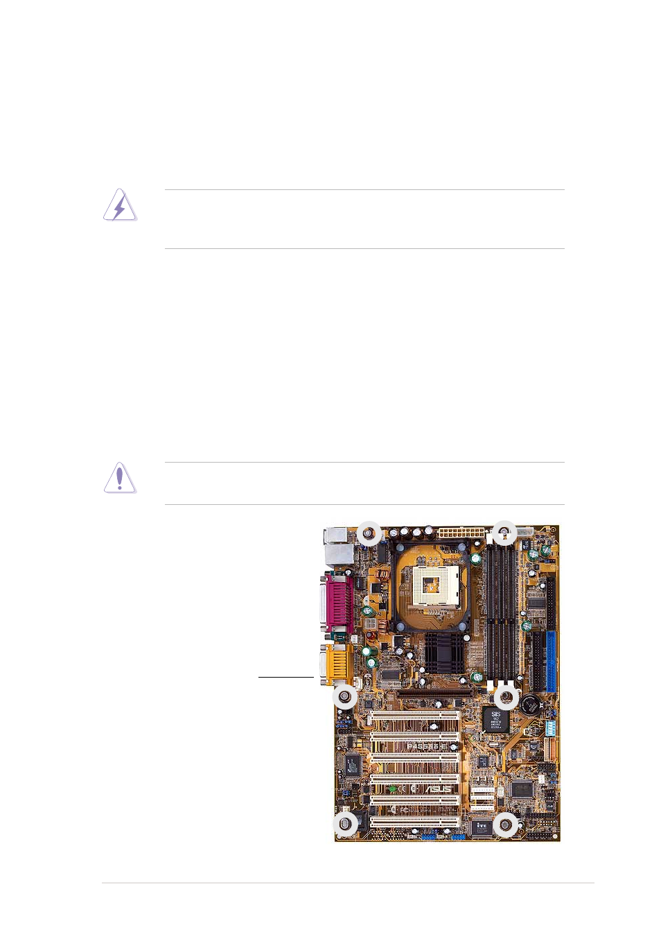 1 motherboard installation, 1 placement direction, 2 screw holes | Asus P4S533-E User Manual | Page 19 / 132