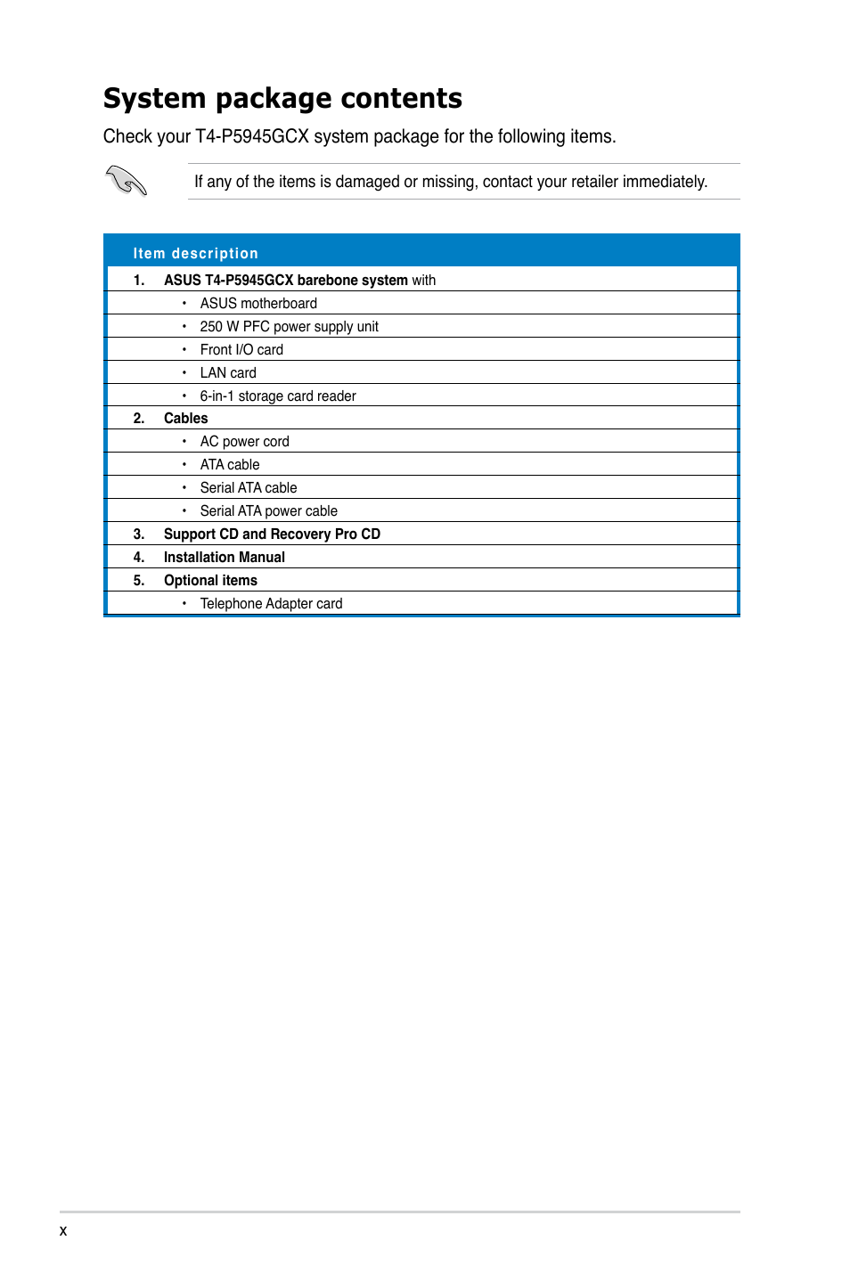 System package contents | Asus T4-P5945GCX User Manual | Page 10 / 80