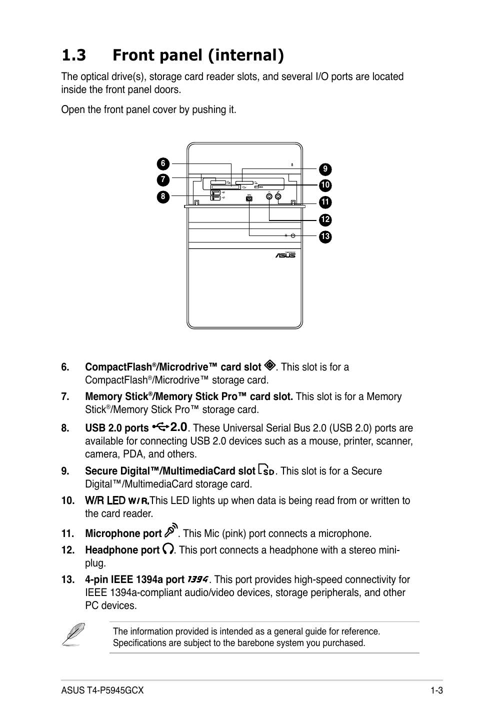 3 front panel (internal) | Asus T4-P5945GCX User Manual | Page 13 / 80