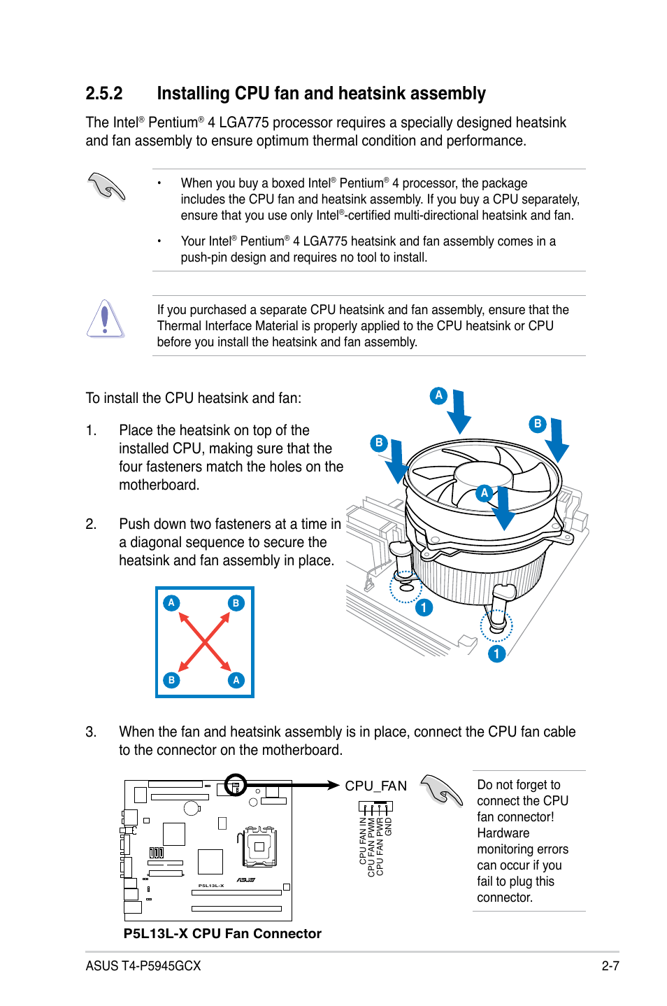 2 installing cpu fan and heatsink assembly, The intel, Pentium | Asus T4-P5945GCX User Manual | Page 23 / 80