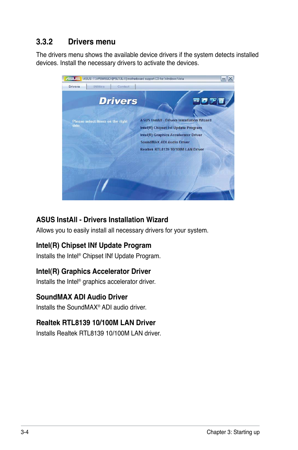 2 drivers menu | Asus T4-P5945GCX User Manual | Page 38 / 80