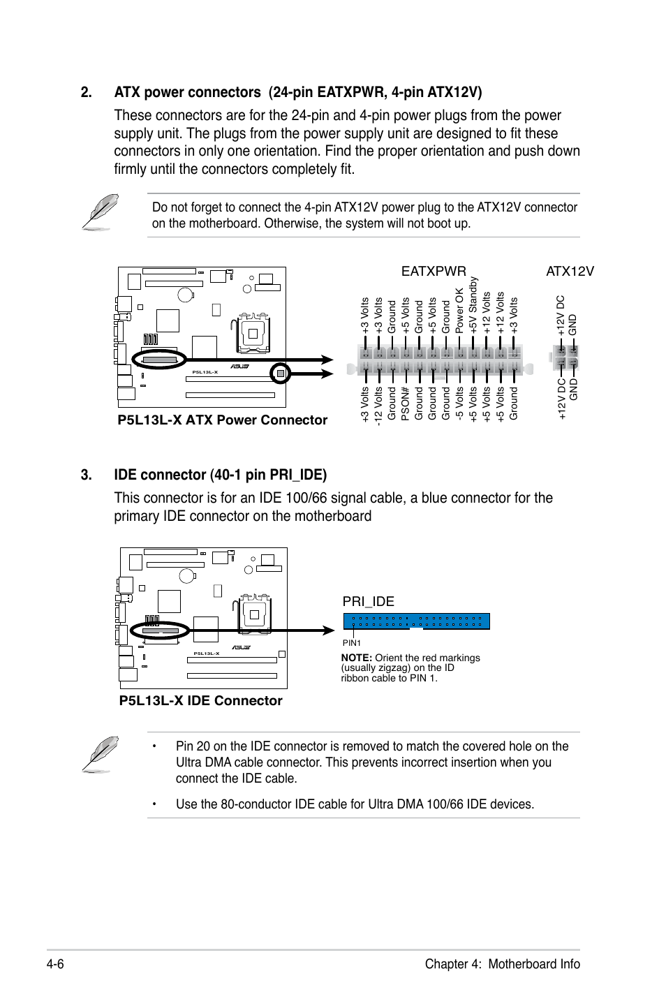 6 chapter 4: motherboard info, P5l13l-x atx power connector eatxpwr, Atx12v | P5l13l-x ide connector, Pri_ide | Asus T4-P5945GCX User Manual | Page 46 / 80