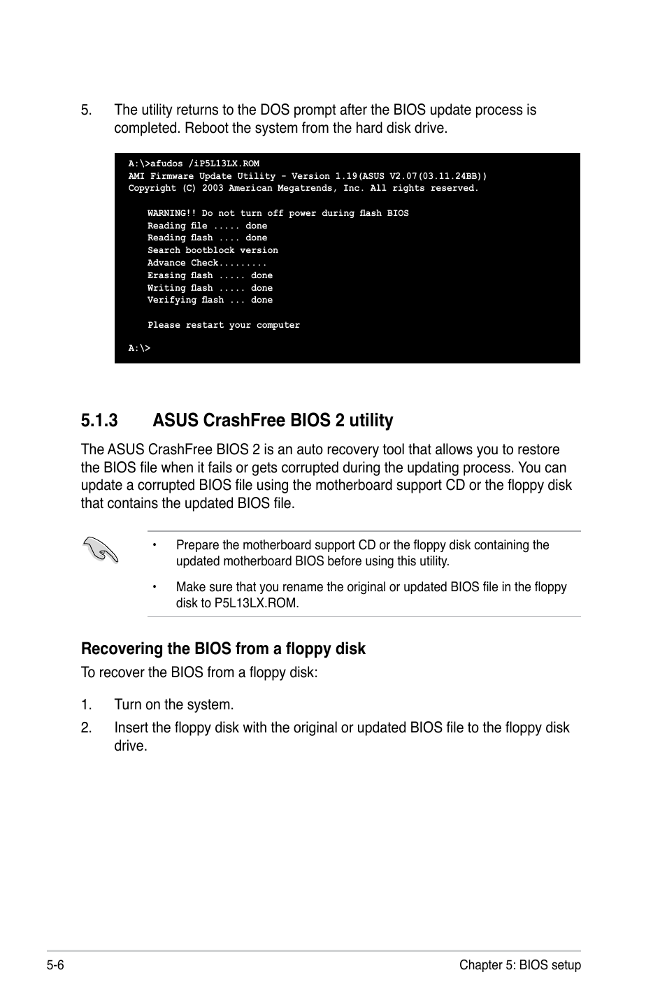 3 asus crashfree bios 2 utility, Recovering the bios from a floppy disk | Asus T4-P5945GCX User Manual | Page 54 / 80