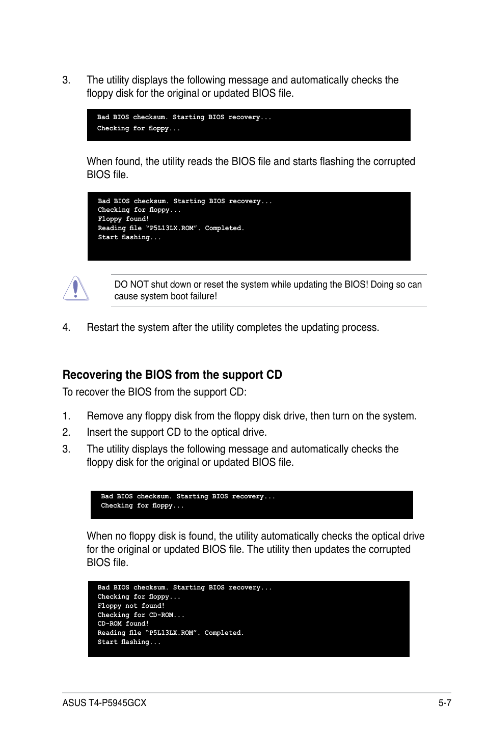 Recovering the bios from the support cd | Asus T4-P5945GCX User Manual | Page 55 / 80