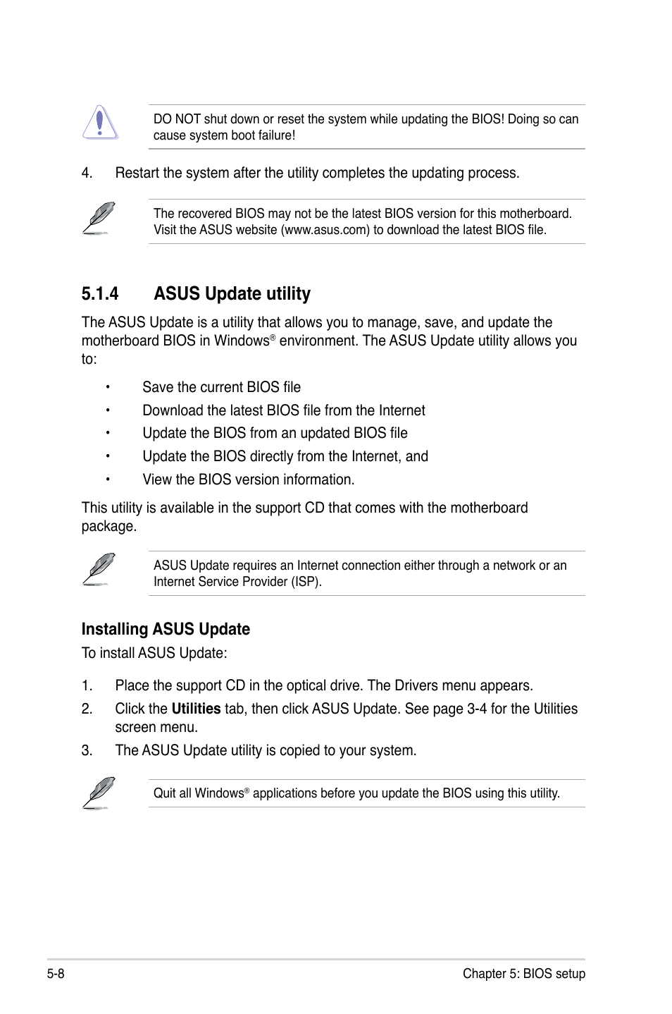 4 asus update utility, Installing asus update | Asus T4-P5945GCX User Manual | Page 56 / 80