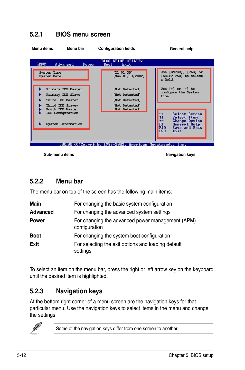 2 menu bar, 1 bios menu screen, 3 navigation keys | Asus T4-P5945GCX User Manual | Page 60 / 80