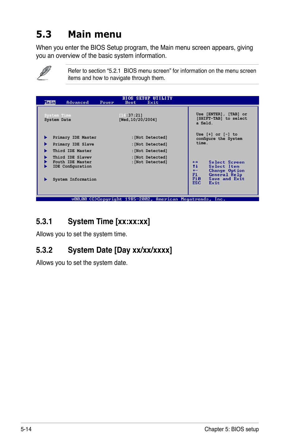 3 main menu, 1 system time [xx:xx:xx, Allows you to set the system time | Allows you to set the system date | Asus T4-P5945GCX User Manual | Page 62 / 80