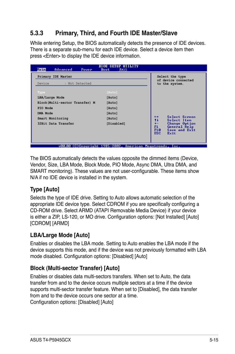 3 primary, third, and fourth ide master/slave, Type [auto, Lba/large mode [auto | Block (multi-sector transfer) [auto | Asus T4-P5945GCX User Manual | Page 63 / 80