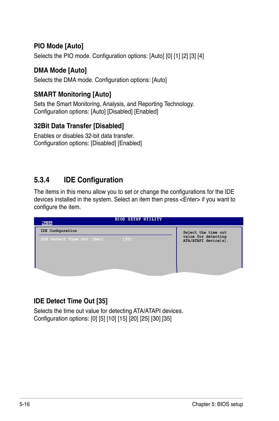 4 ide configuration, Pio mode [auto, Dma mode [auto | Smart monitoring [auto, 32bit data transfer [disabled, Ide detect time out [35 | Asus T4-P5945GCX User Manual | Page 64 / 80