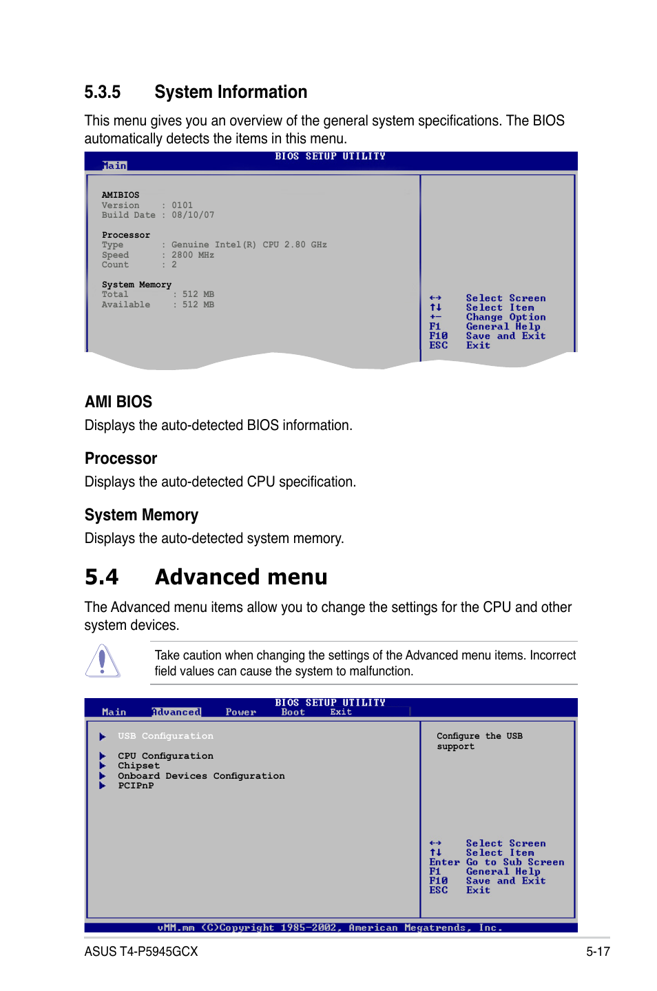 4 advanced menu, 5 system information, Ami bios | Processor | Asus T4-P5945GCX User Manual | Page 65 / 80