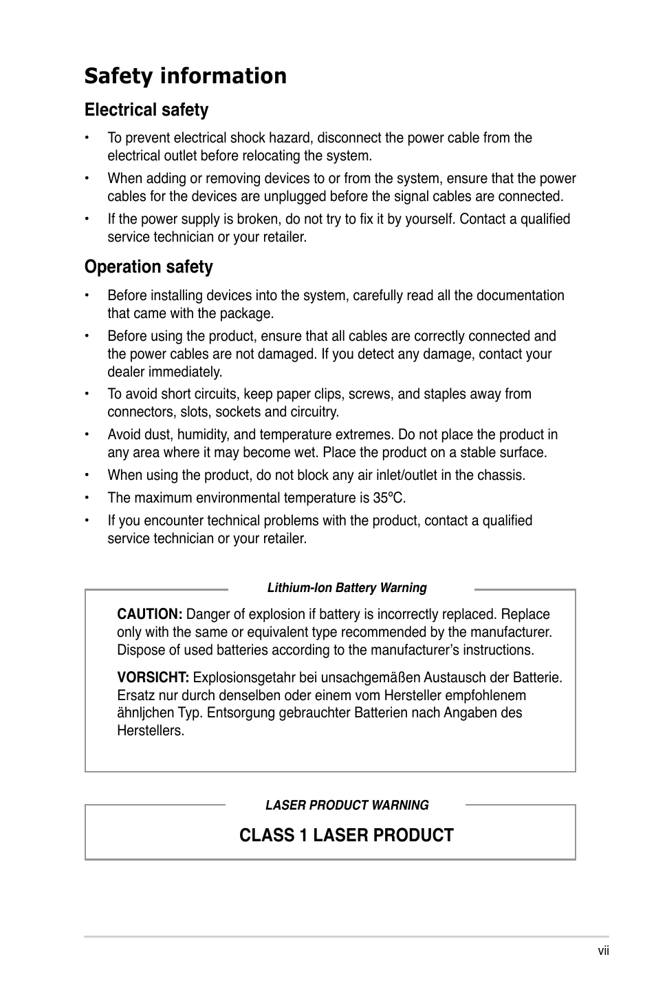 Safety information, Electrical safety, Operation safety | Class 1 laser product | Asus T4-P5945GCX User Manual | Page 7 / 80