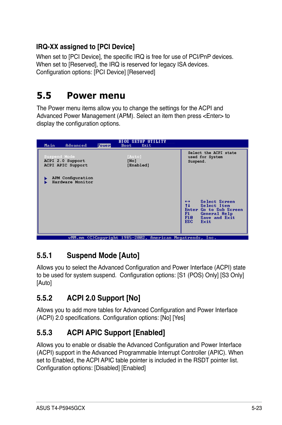 5 power menu, 1 suspend mode [auto, 2 acpi 2.0 support [no | 3 acpi apic support [enabled, Irq-xx assigned to [pci device | Asus T4-P5945GCX User Manual | Page 71 / 80