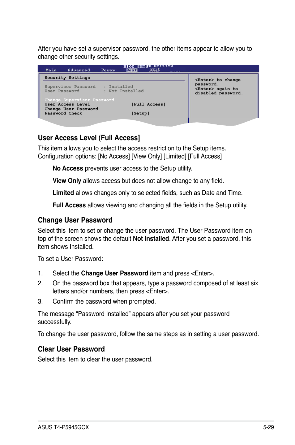 User access level (full access, Change user password, Clear user password | Asus T4-P5945GCX User Manual | Page 77 / 80