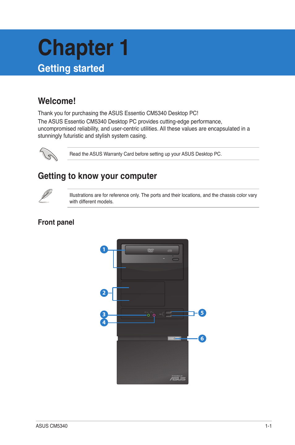 Chapter 1, Getting started, Welcome | Getting to know your computer, Welcome! -1 getting to know your computer -1 | Asus CM5340 User Manual | Page 10 / 57