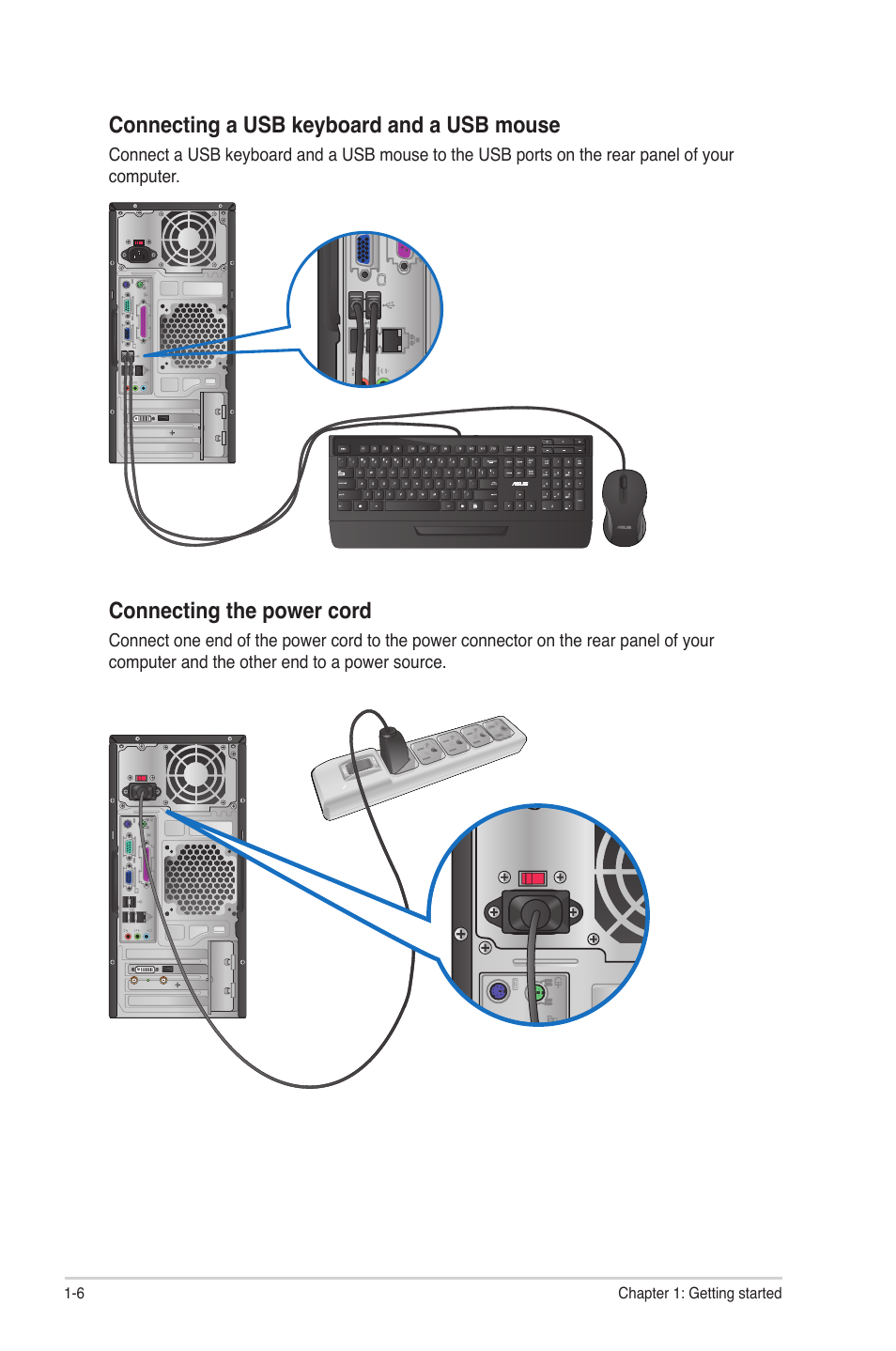 Connecting a usb keyboard and a usb mouse, Connecting the power cord | Asus CM5340 User Manual | Page 15 / 57