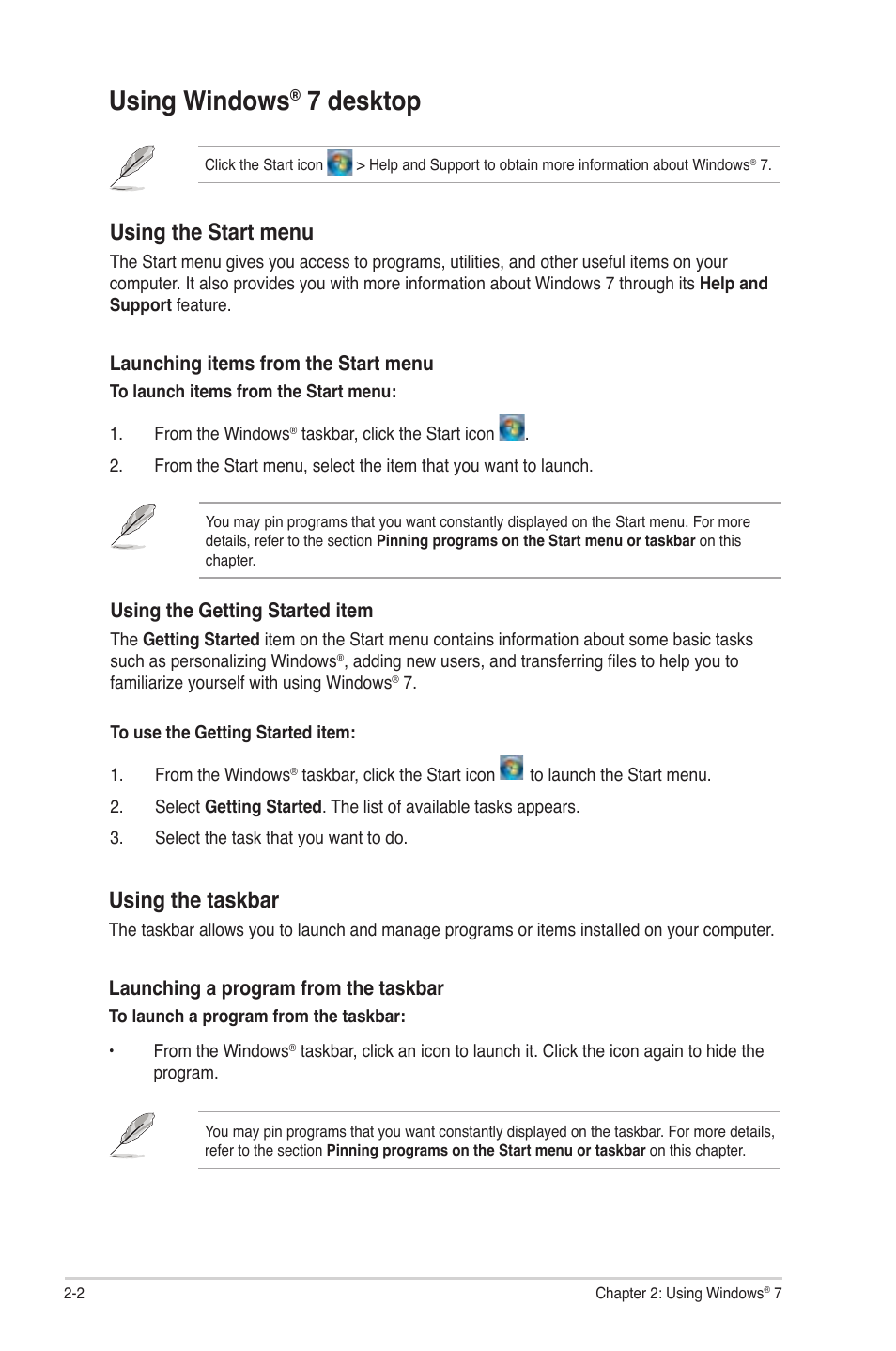 Using windows® 7 desktop, Using windows, 7 desktop -2 | 7 desktop, Using the start menu, Using the taskbar | Asus CM5340 User Manual | Page 18 / 57