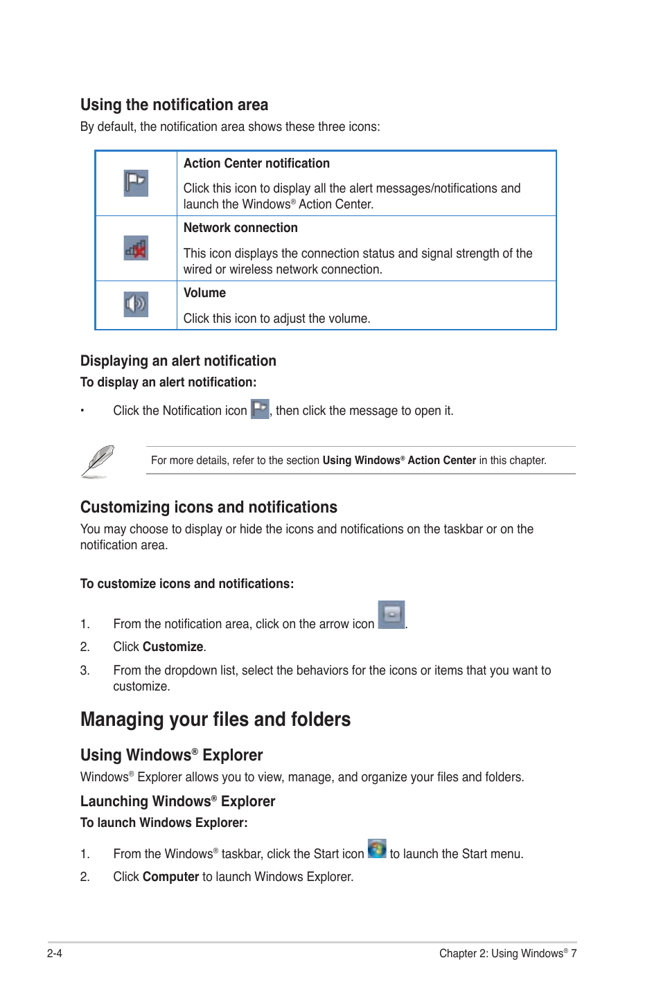 Managing your files and folders, Managing your files and folders -4, Using the notification area | Customizing icons and notifications, Using windows, Explorer | Asus CM5340 User Manual | Page 20 / 57