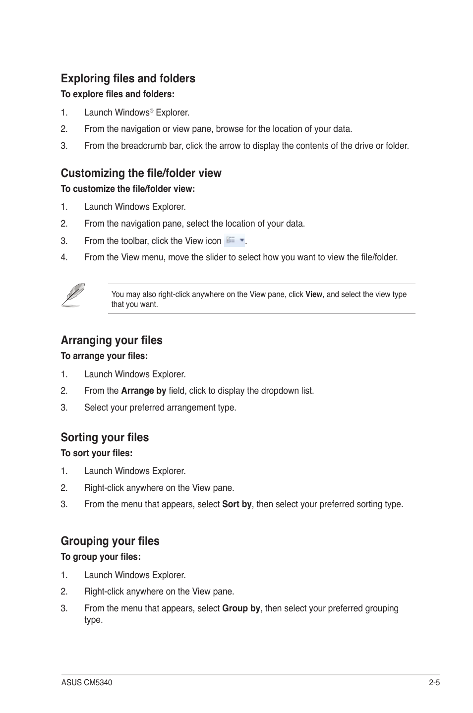 Exploring files and folders, Customizing the file/folder view, Arranging your files | Sorting your files, Grouping your files | Asus CM5340 User Manual | Page 21 / 57