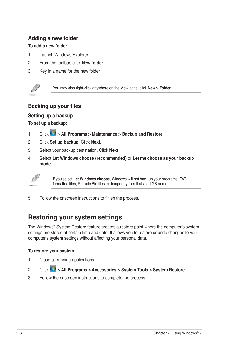 Restoring your system settings, Restoring your system settings -6, Adding a new folder | Backing up your files | Asus CM5340 User Manual | Page 22 / 57