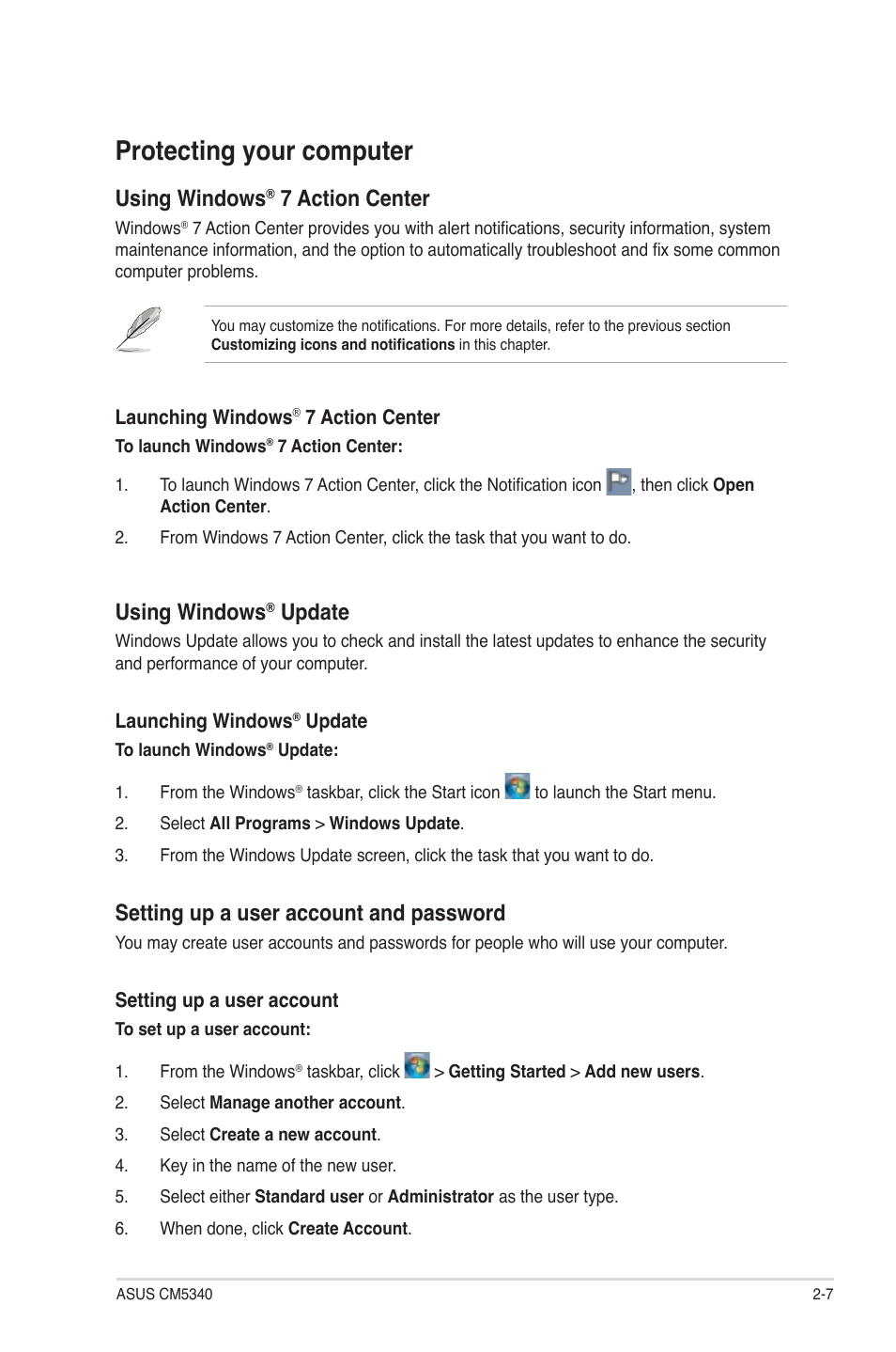 Protecting your computer, Protecting your computer -7, Using windows | 7 action center, Update, Setting up a user account and password | Asus CM5340 User Manual | Page 23 / 57