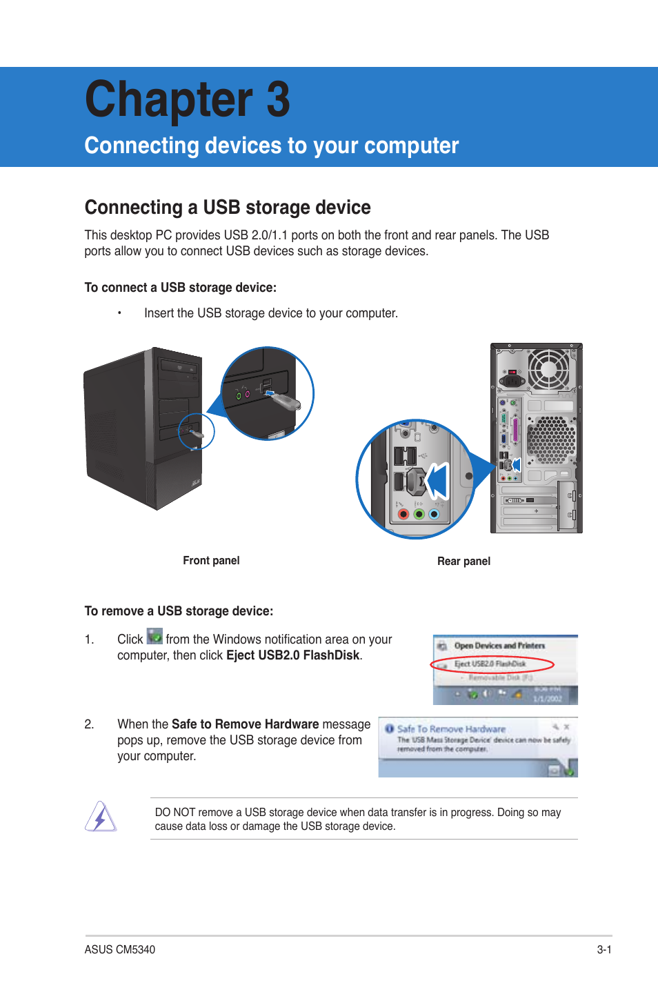 Chapter 3, Connecting devices to your computer, Connecting a usb storage device | Connecting a usb storage device -1 | Asus CM5340 User Manual | Page 25 / 57