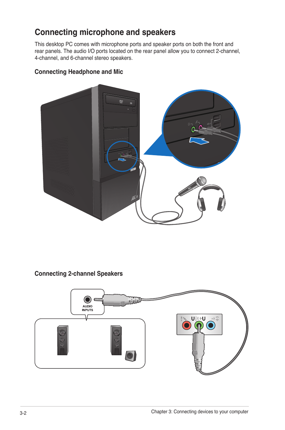 Connecting microphone and speakers, Connecting microphone and speakers -2 | Asus CM5340 User Manual | Page 26 / 57