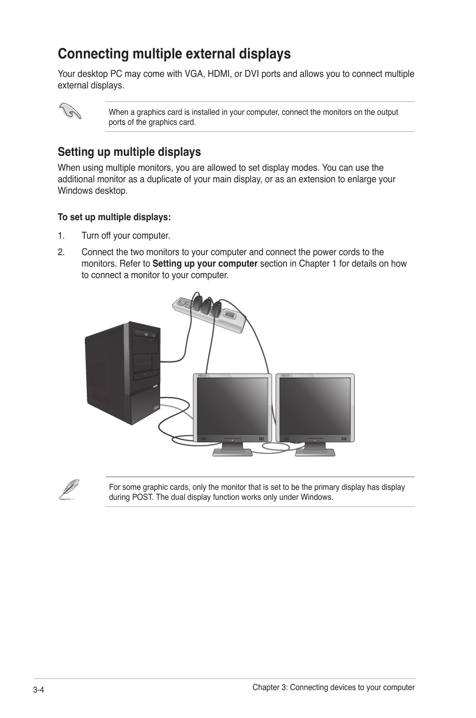 Connecting multiple external displays, Connecting multiple external displays -4, Setting up multiple displays | Asus CM5340 User Manual | Page 28 / 57