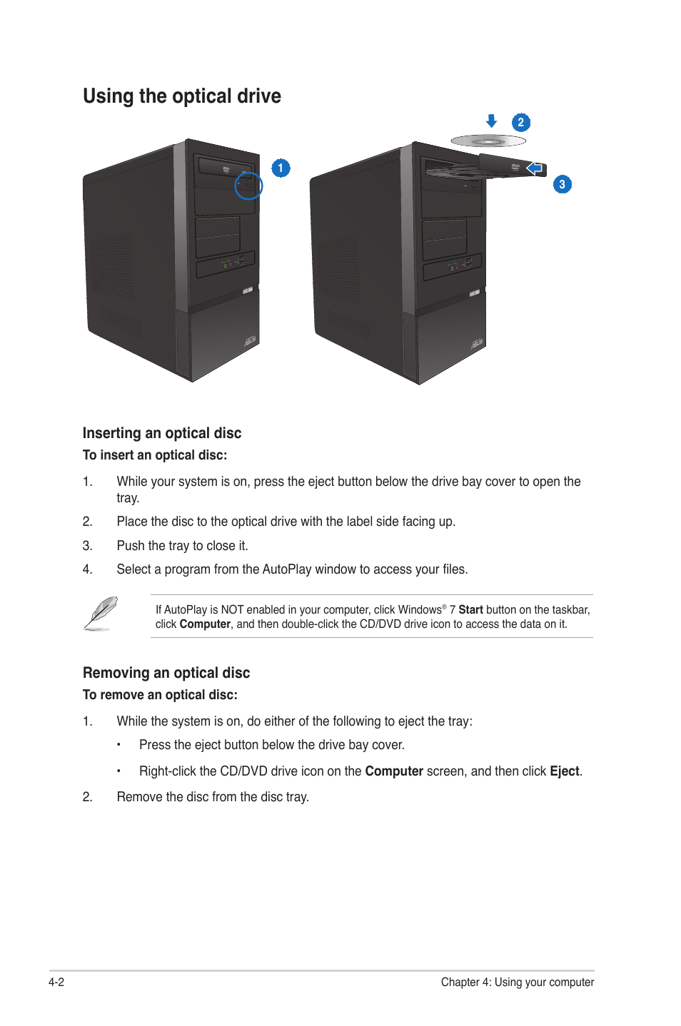 Using the optical drive, Using the optical drive -2 | Asus CM5340 User Manual | Page 32 / 57