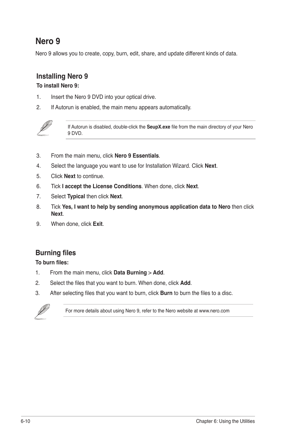 Nero 9, Nero 9 -10, Installing nero 9 | Burning files | Asus CM5340 User Manual | Page 48 / 57