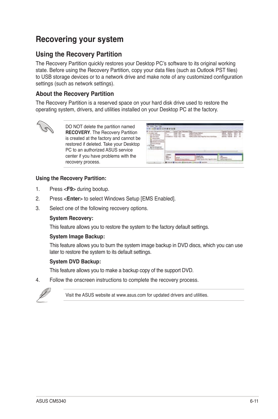 Recovering your system, Recovering your system -11, Using the recovery partition | Asus CM5340 User Manual | Page 49 / 57