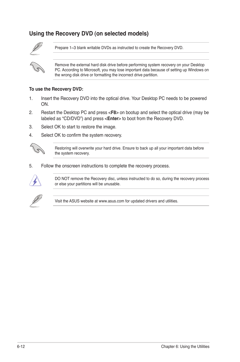 Using the recovery dvd �on selected models | Asus CM5340 User Manual | Page 50 / 57