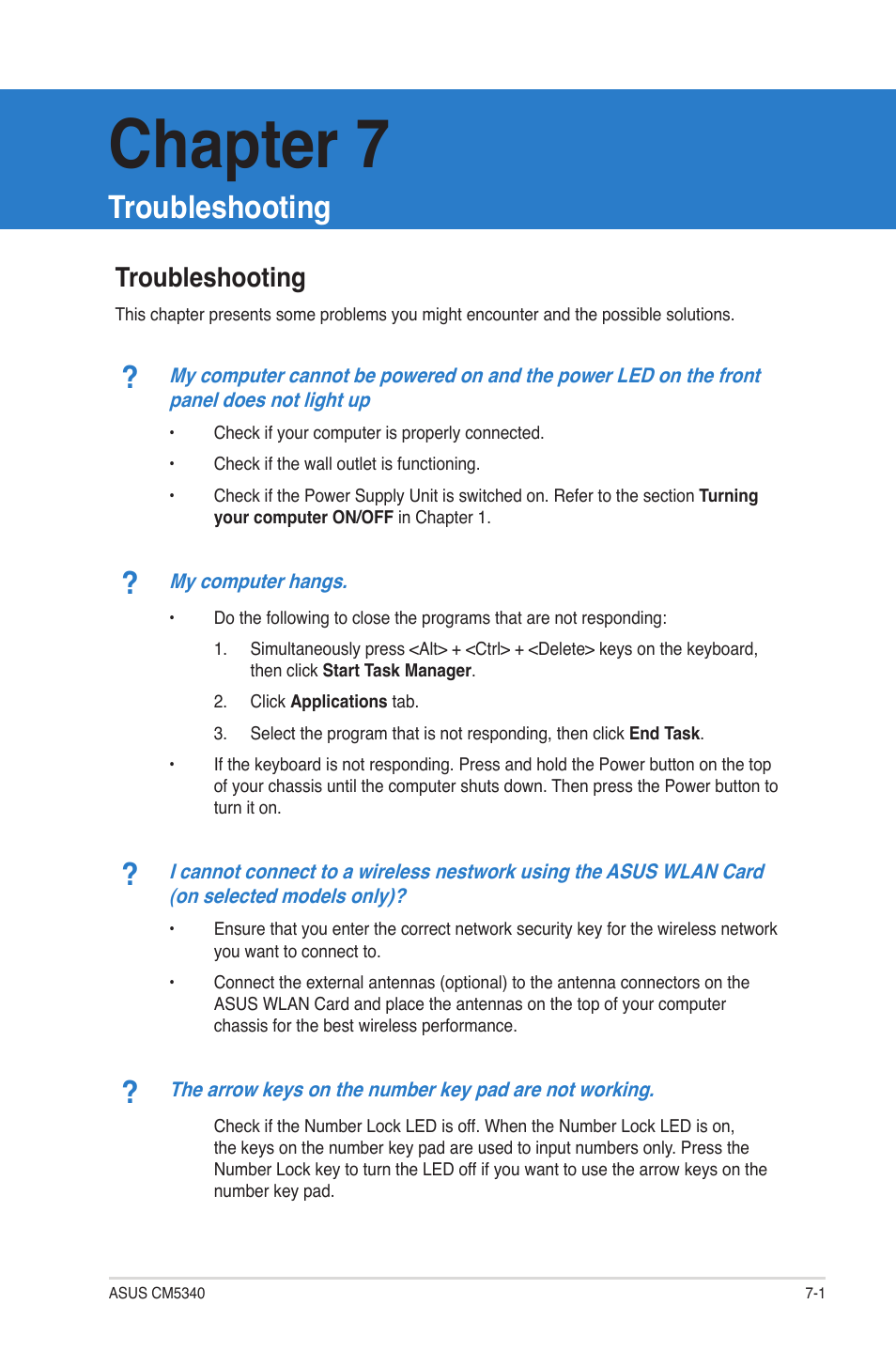 Chapter 7, Troubleshooting, Troubleshooting -1 | Asus CM5340 User Manual | Page 51 / 57