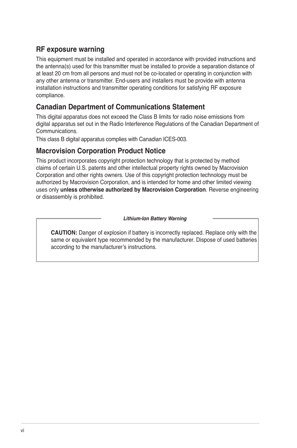 Rf exposure warning, Canadian department of communications statement, Macrovision corporation product notice | Asus CM5340 User Manual | Page 6 / 57