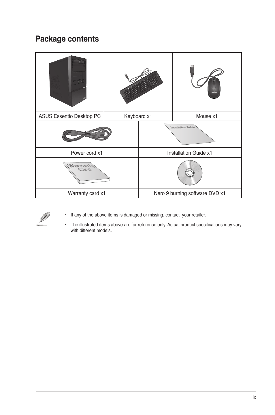 Package contents | Asus CM5340 User Manual | Page 9 / 57