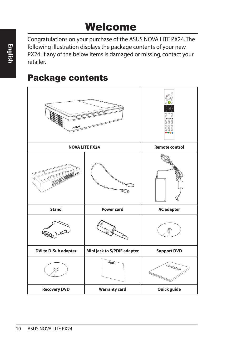 Welcome, Package contents, English | Asus NOVALITE PX24 User Manual | Page 10 / 38