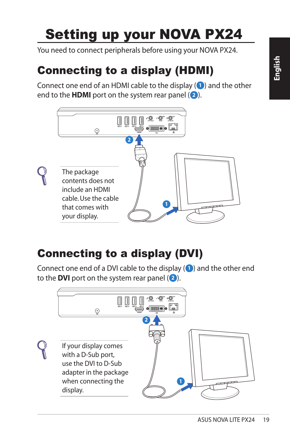 Setting up your nova px24, Connecting to a display (hdmi), Connecting to a display (dvi) | Asus NOVALITE PX24 User Manual | Page 19 / 38