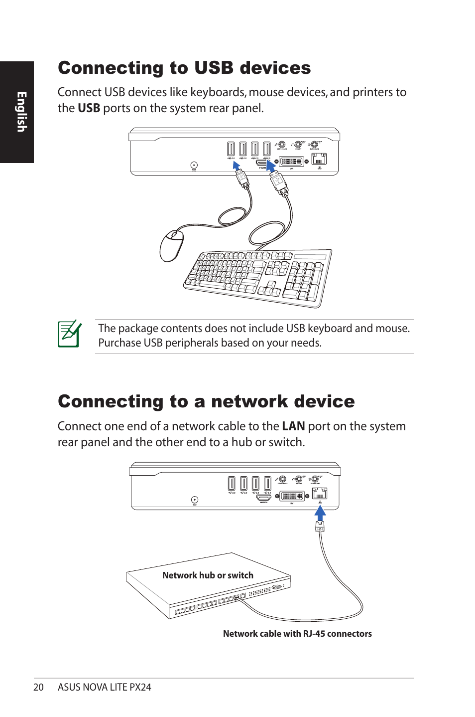 Connecting to usb devices, Connecting to a network device | Asus NOVALITE PX24 User Manual | Page 20 / 38