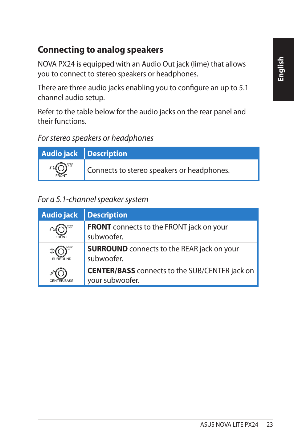 Connecting to analog speakers, English, Audio jack description | Front connects to the front jack on your subwoofer, Connects to stereo speakers or headphones | Asus NOVALITE PX24 User Manual | Page 23 / 38