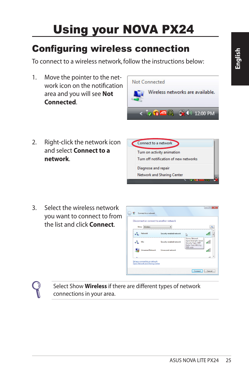 Using your nova px24, Configuring wireless connection | Asus NOVALITE PX24 User Manual | Page 25 / 38