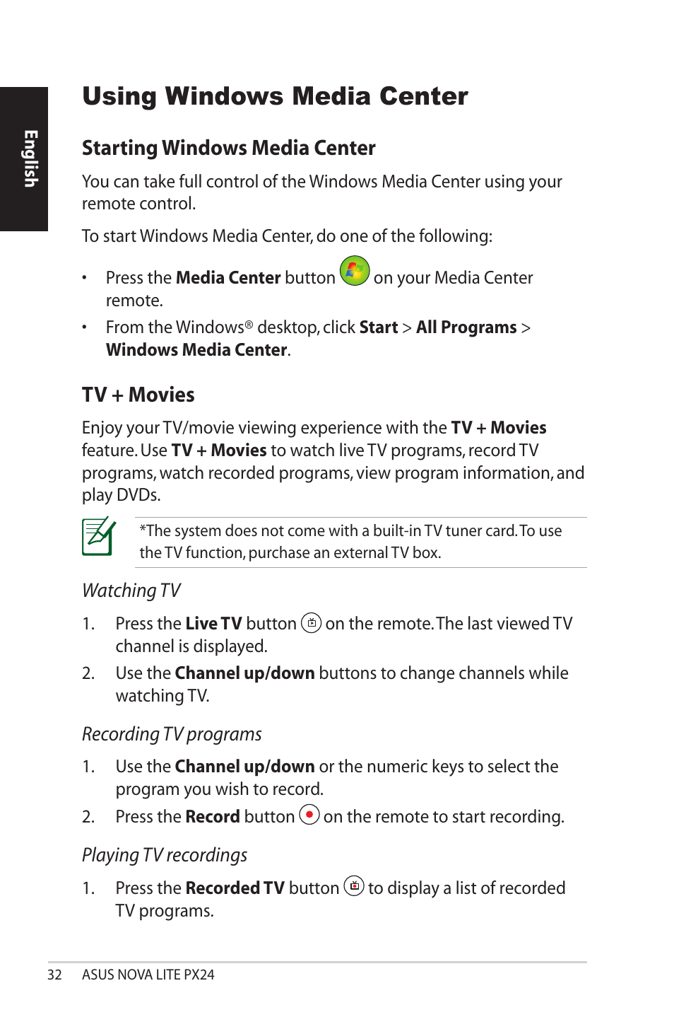 Using windows media center, Starting windows media center, Tv + movies | Starting windows media center tv + movies | Asus NOVALITE PX24 User Manual | Page 32 / 38