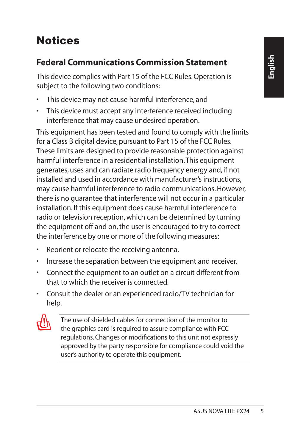 Notices, Federal communications commission statement | Asus NOVALITE PX24 User Manual | Page 5 / 38