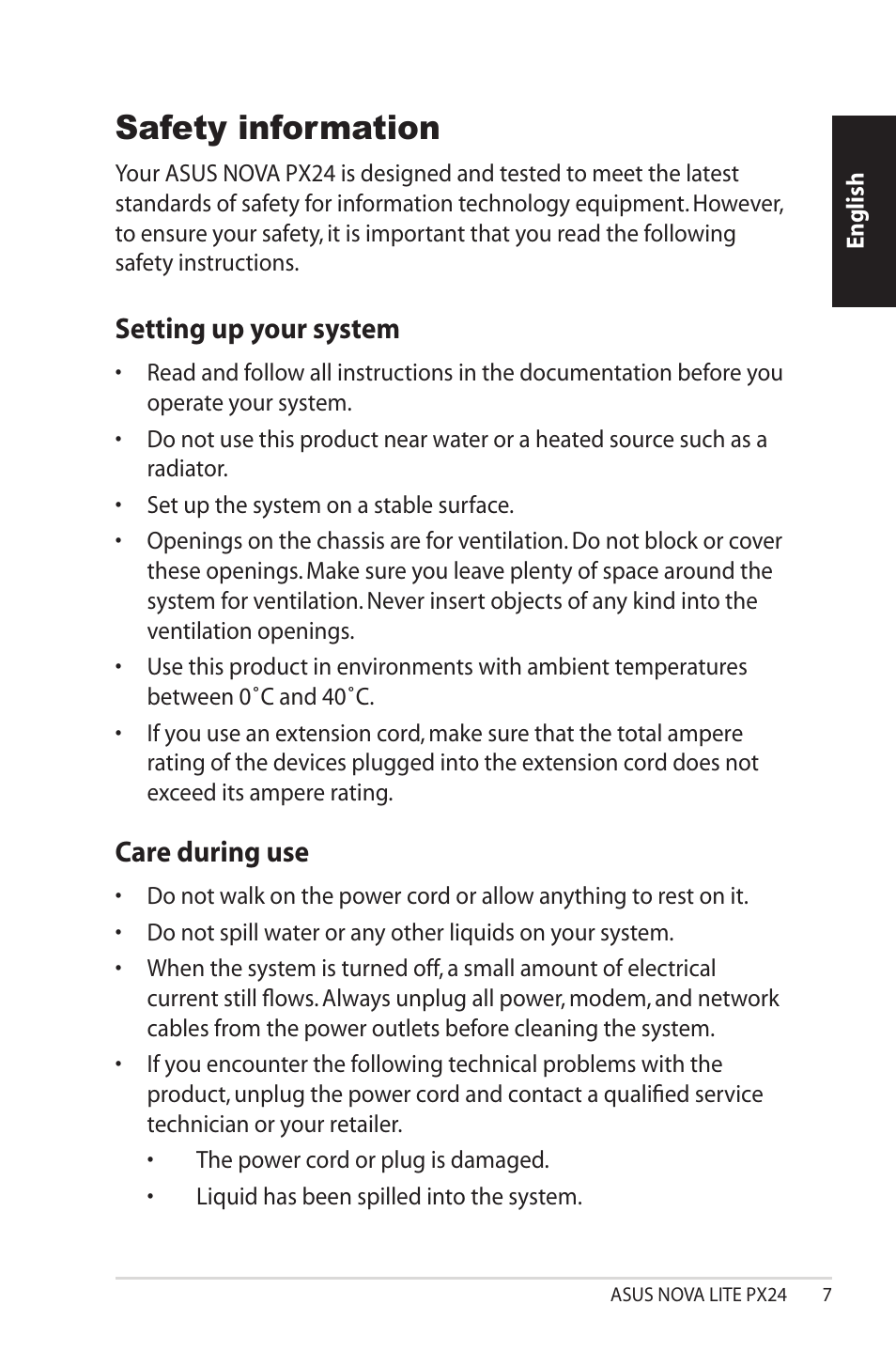 Safety information, Setting up your system, Care during use | Asus NOVALITE PX24 User Manual | Page 7 / 38