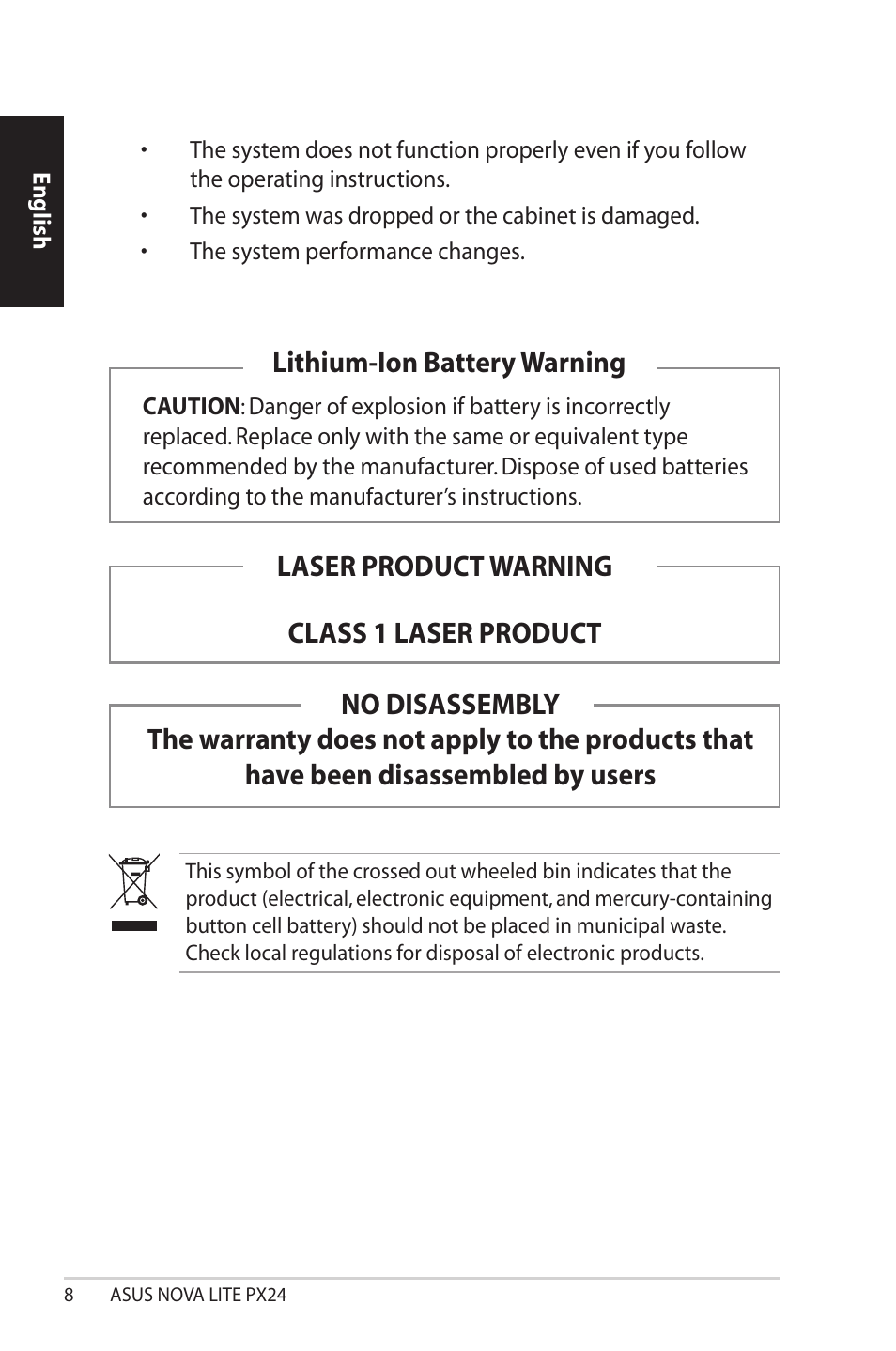 Laser product warning class 1 laser product | Asus NOVALITE PX24 User Manual | Page 8 / 38