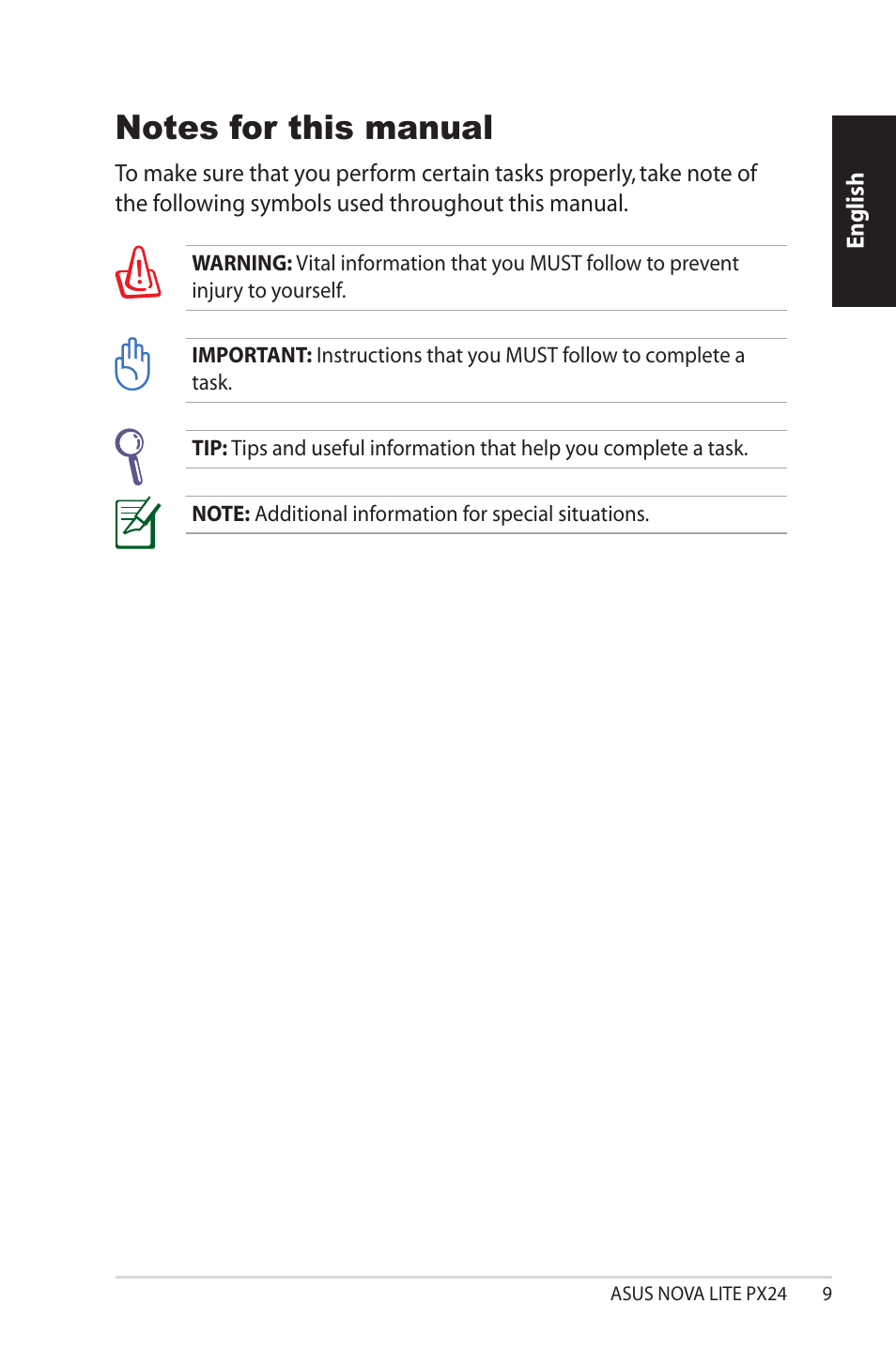 Notes for this manual | Asus NOVALITE PX24 User Manual | Page 9 / 38