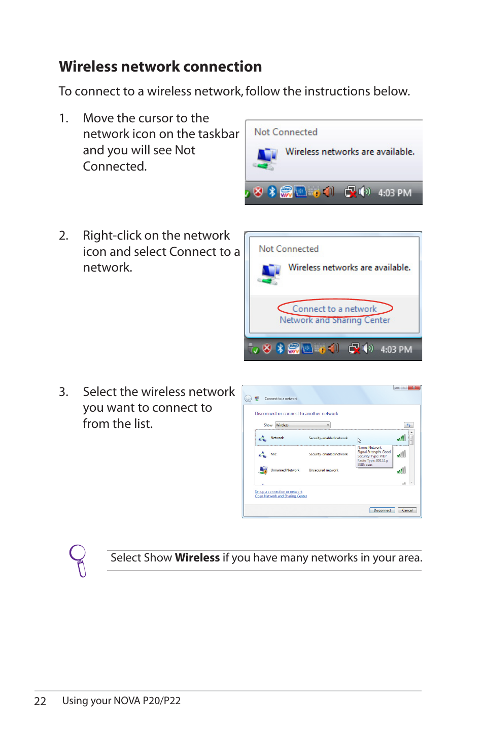 Wireless network connection | Asus NOVA (P20/P22) User Manual | Page 22 / 40