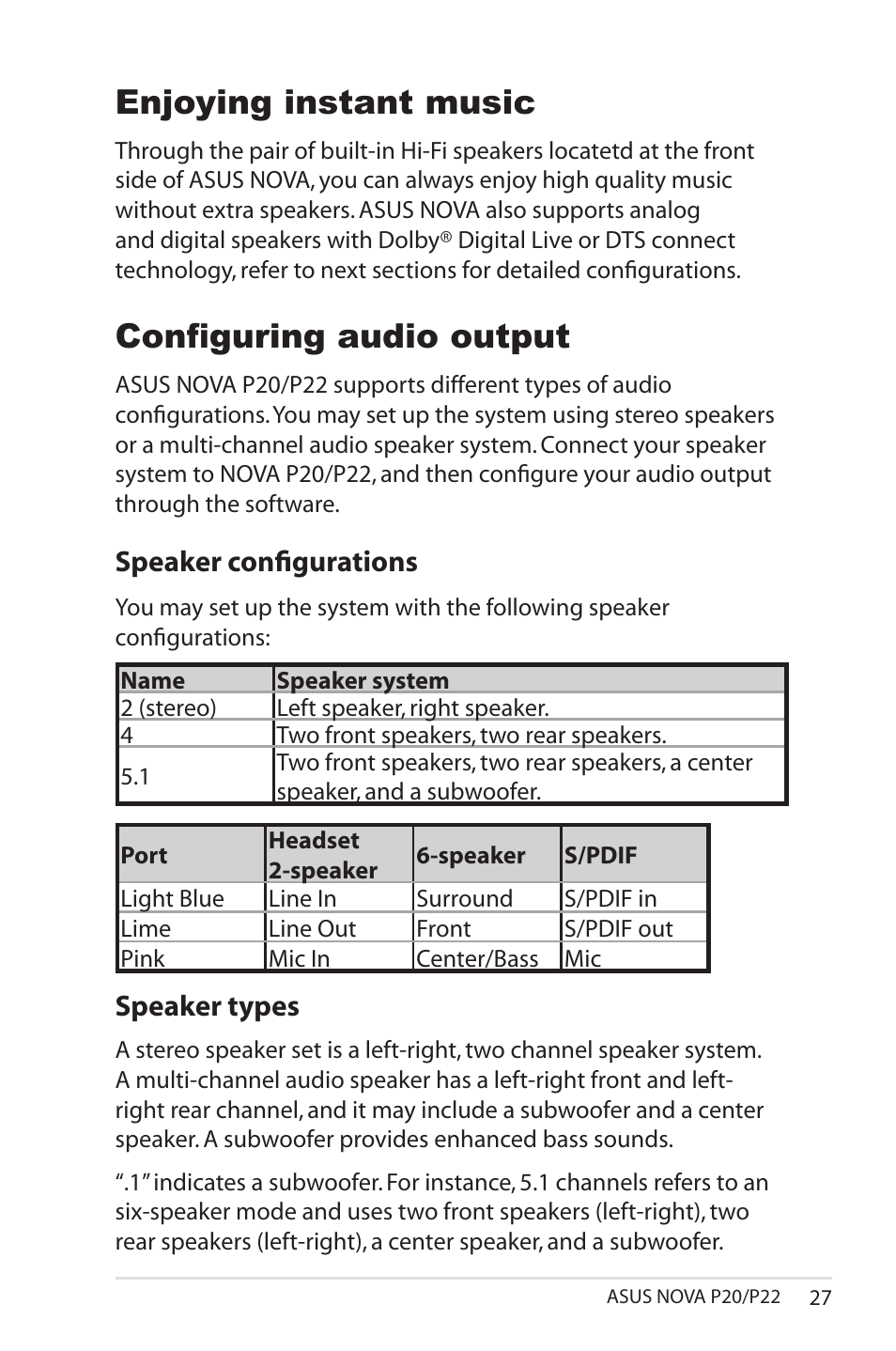 Enjoying instant music, Configuring audio output, Speaker configurations | Speaker types | Asus NOVA (P20/P22) User Manual | Page 27 / 40