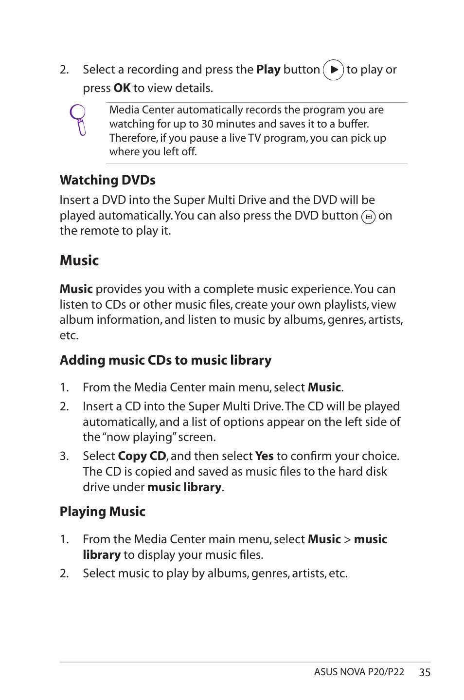 Music | Asus NOVA (P20/P22) User Manual | Page 35 / 40