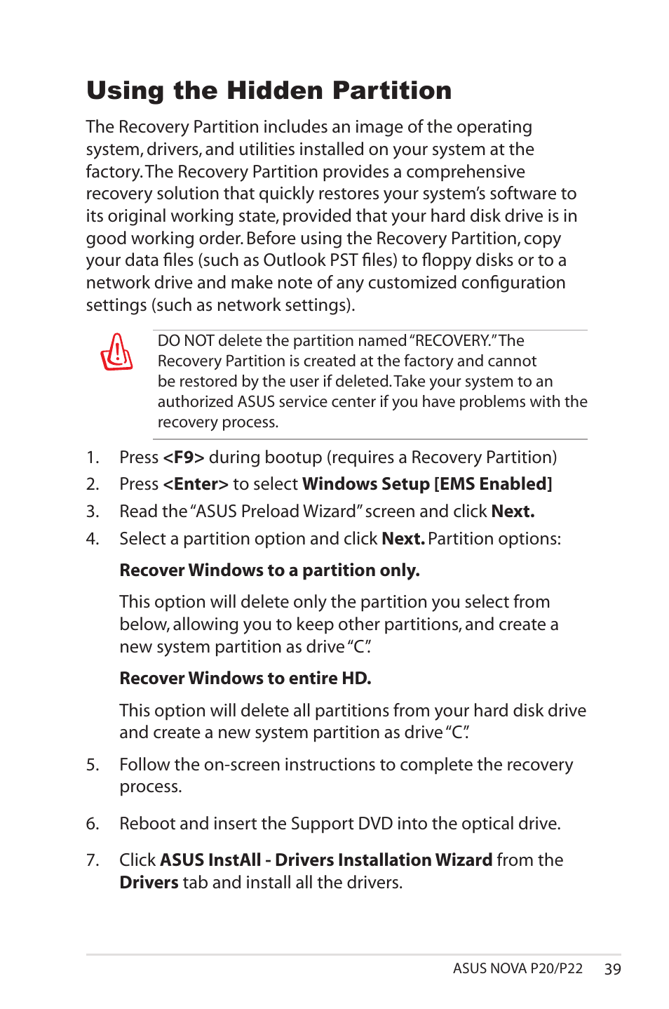 Using the hidden partition | Asus NOVA (P20/P22) User Manual | Page 39 / 40